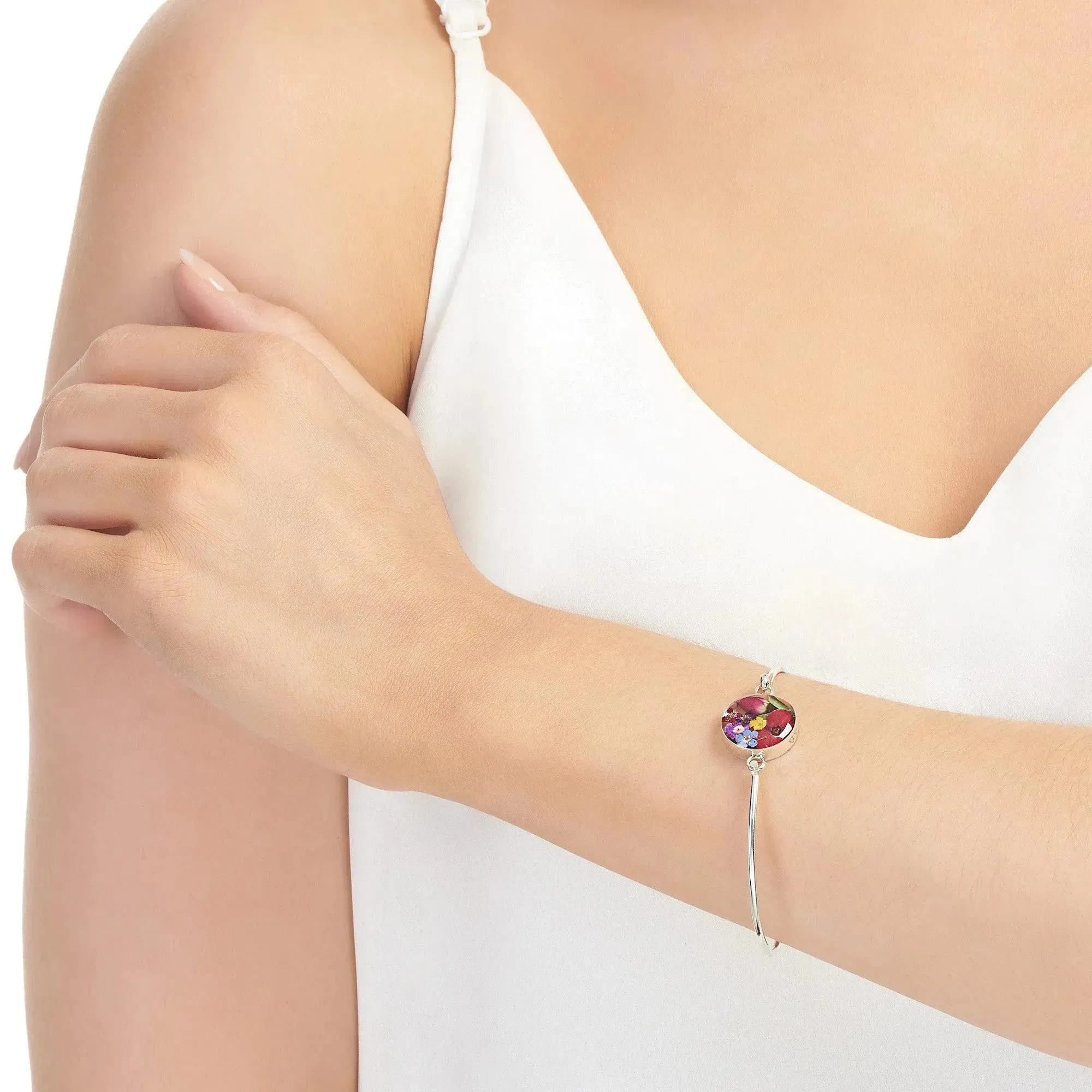 Sterling silver bangle with real flowers by  Shrieking Violet® Round shape with real flowers. Perfect gift for Valentine or Mothers day.