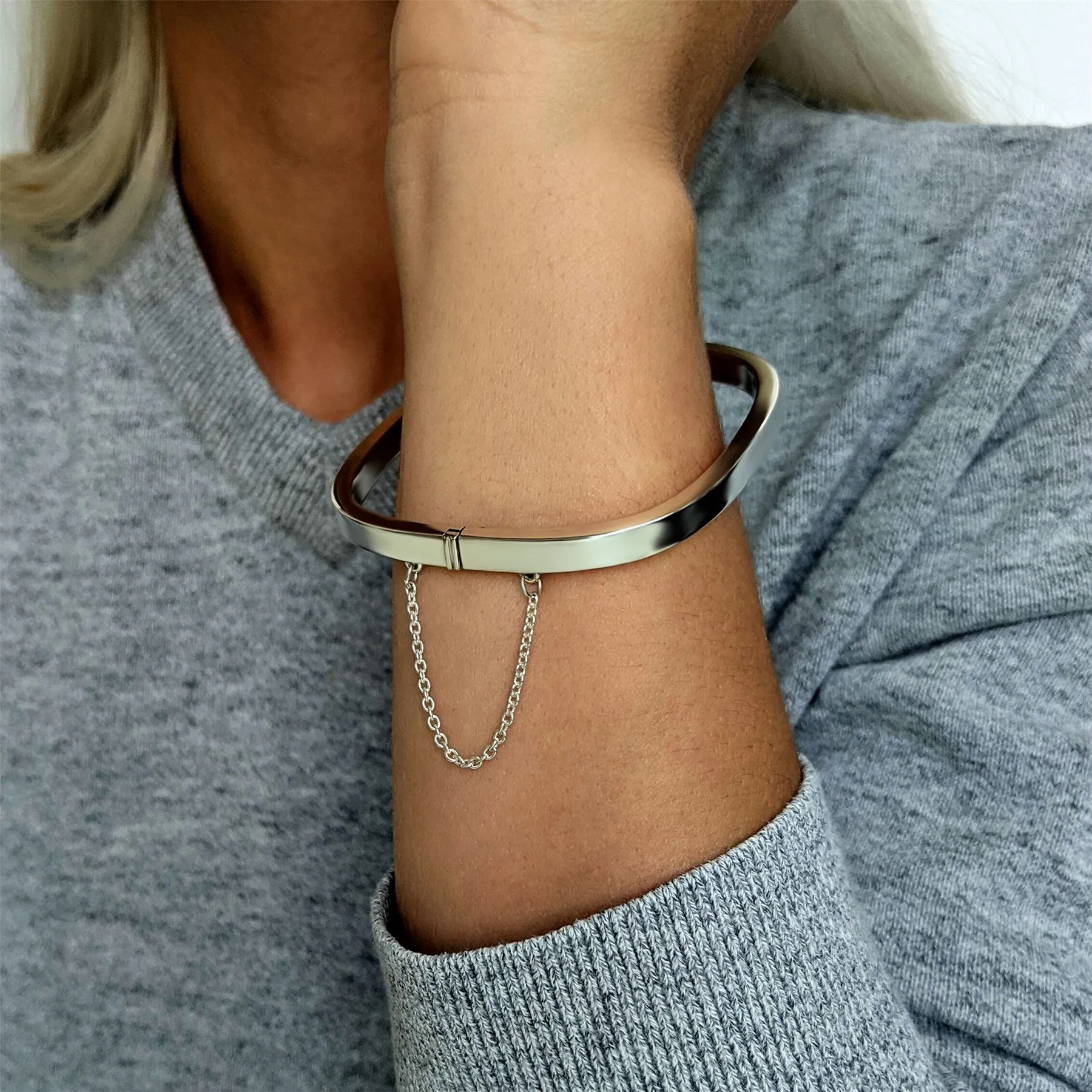 Sterling Silver Square Hinged Bangle With Safety Chain - Elegant Bracelet