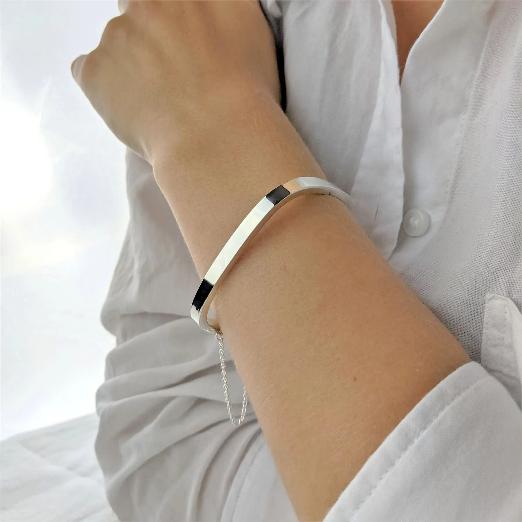 Sterling Silver Square Hinged Bangle With Safety Chain - Elegant Bracelet