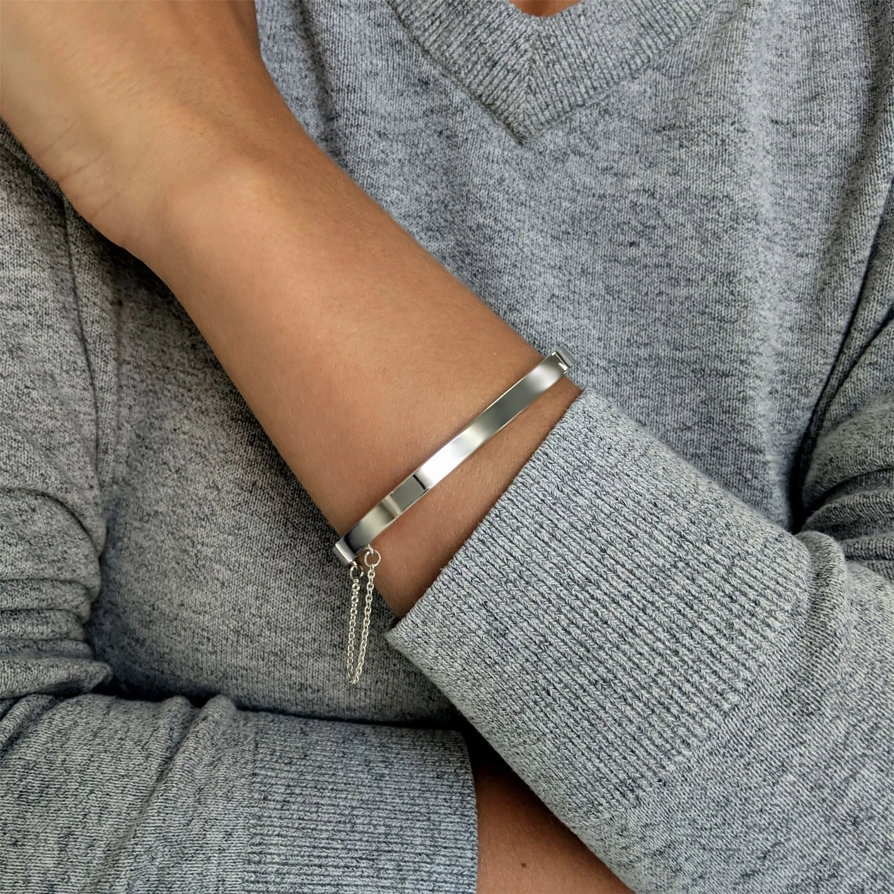 Sterling Silver Square Hinged Bangle With Safety Chain - Elegant Bracelet