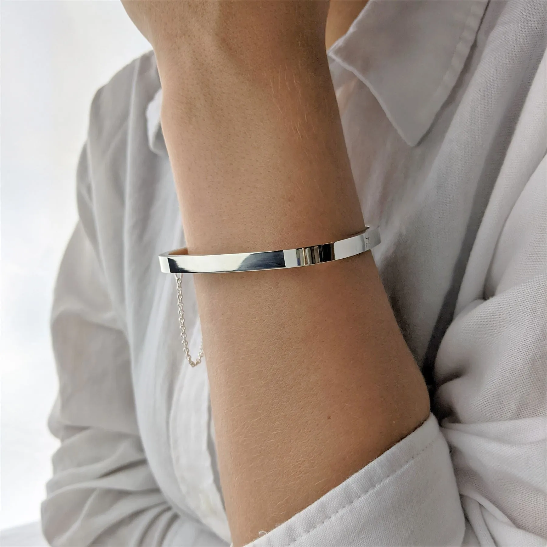Sterling Silver Square Hinged Bangle With Safety Chain - Elegant Bracelet