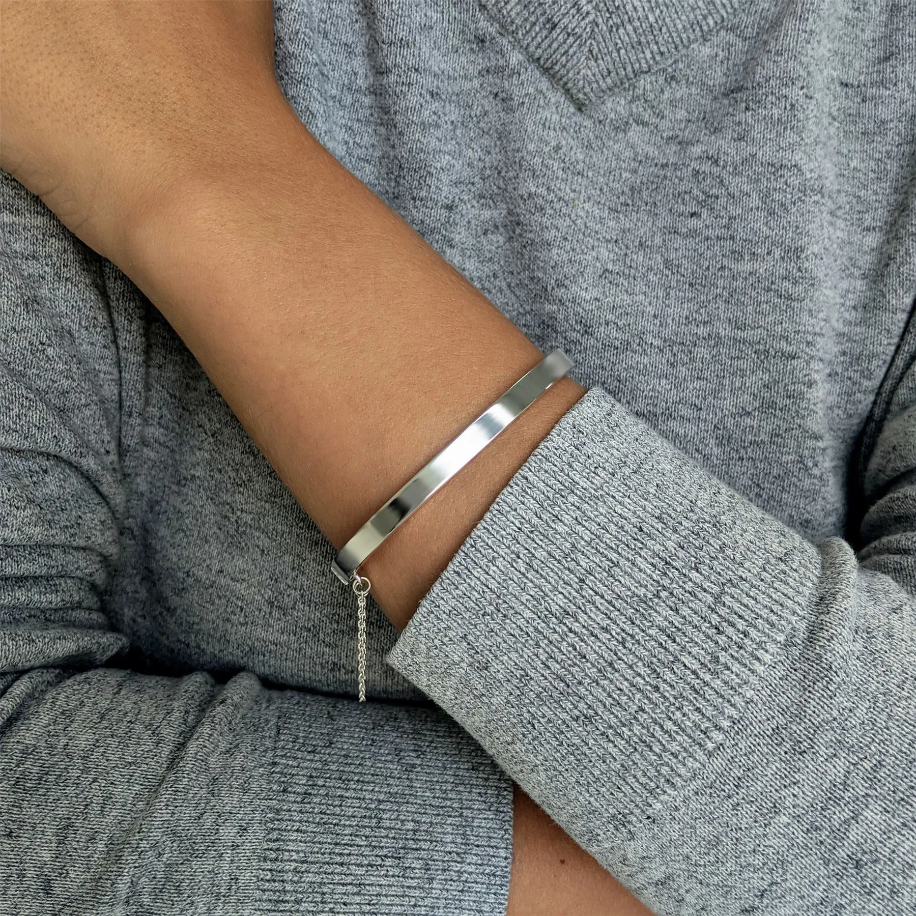 Sterling Silver Square Hinged Bangle With Safety Chain - Elegant Bracelet