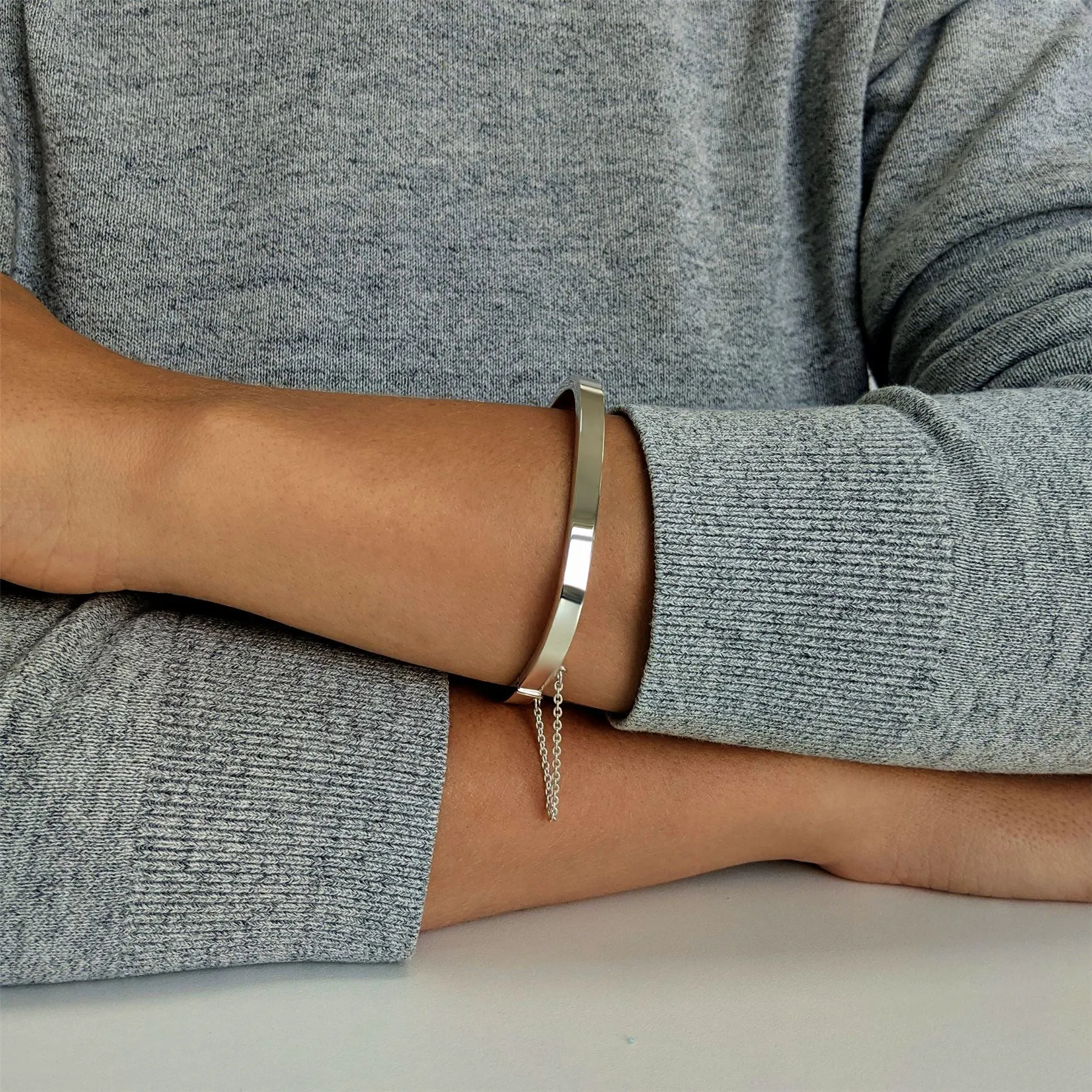 Sterling Silver Square Hinged Bangle With Safety Chain - Elegant Bracelet