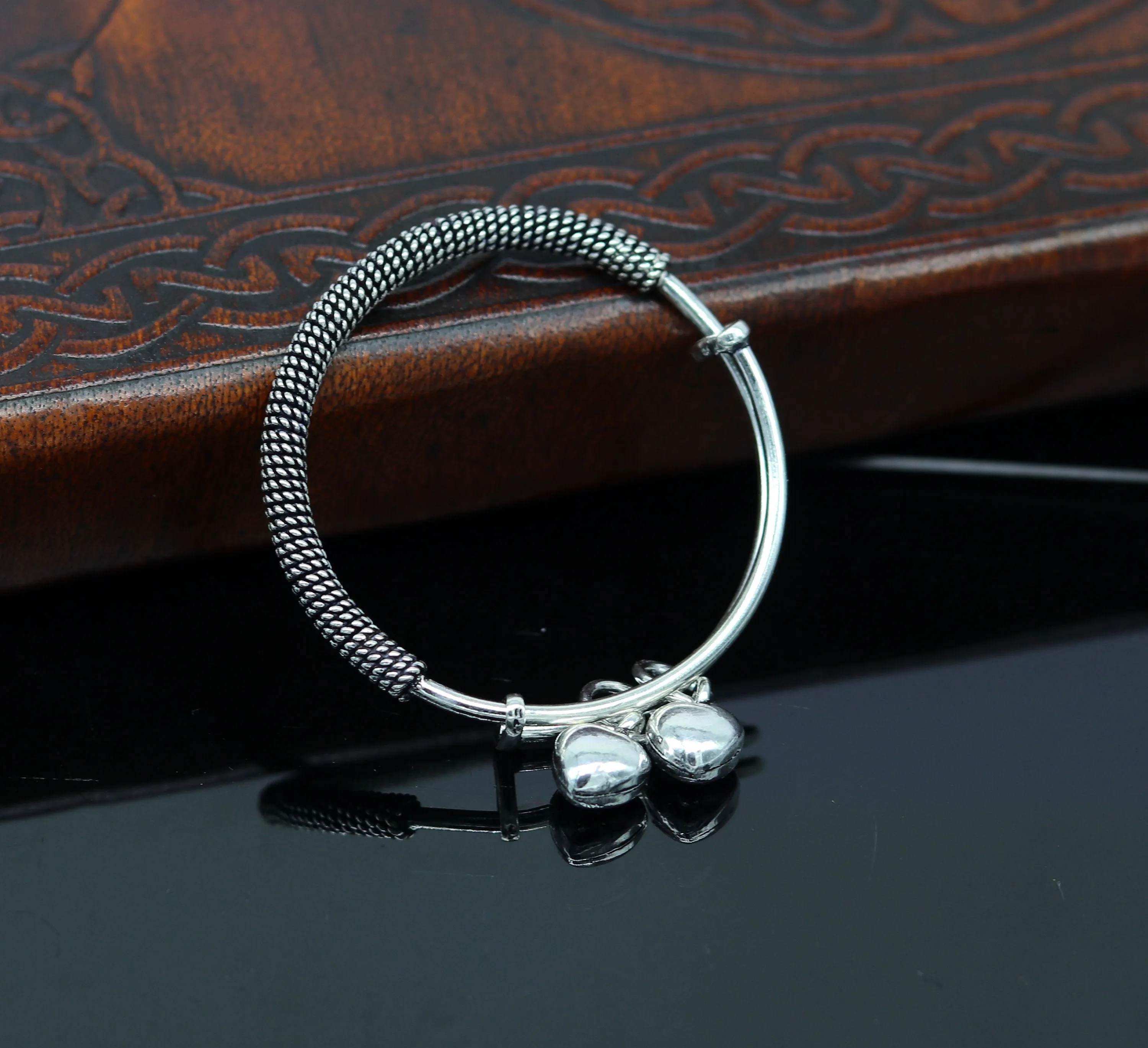 Stylish charm oxidized 925 sterling silver adjustable baby solid bangle bracelet, charm bangle, tribal unisex kids jewelry bbk84