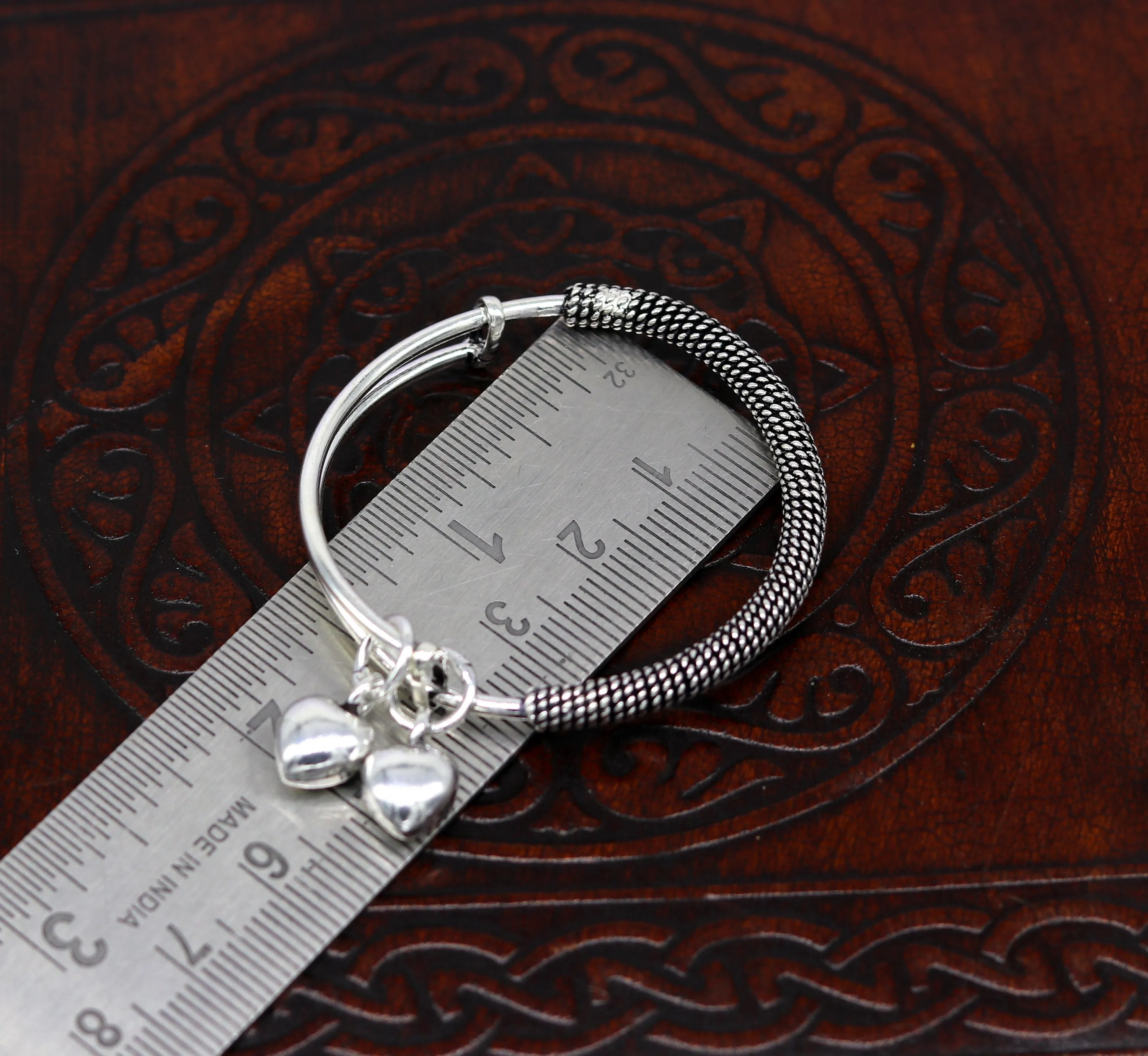 Stylish charm oxidized 925 sterling silver adjustable baby solid bangle bracelet, charm bangle, tribal unisex kids jewelry bbk84