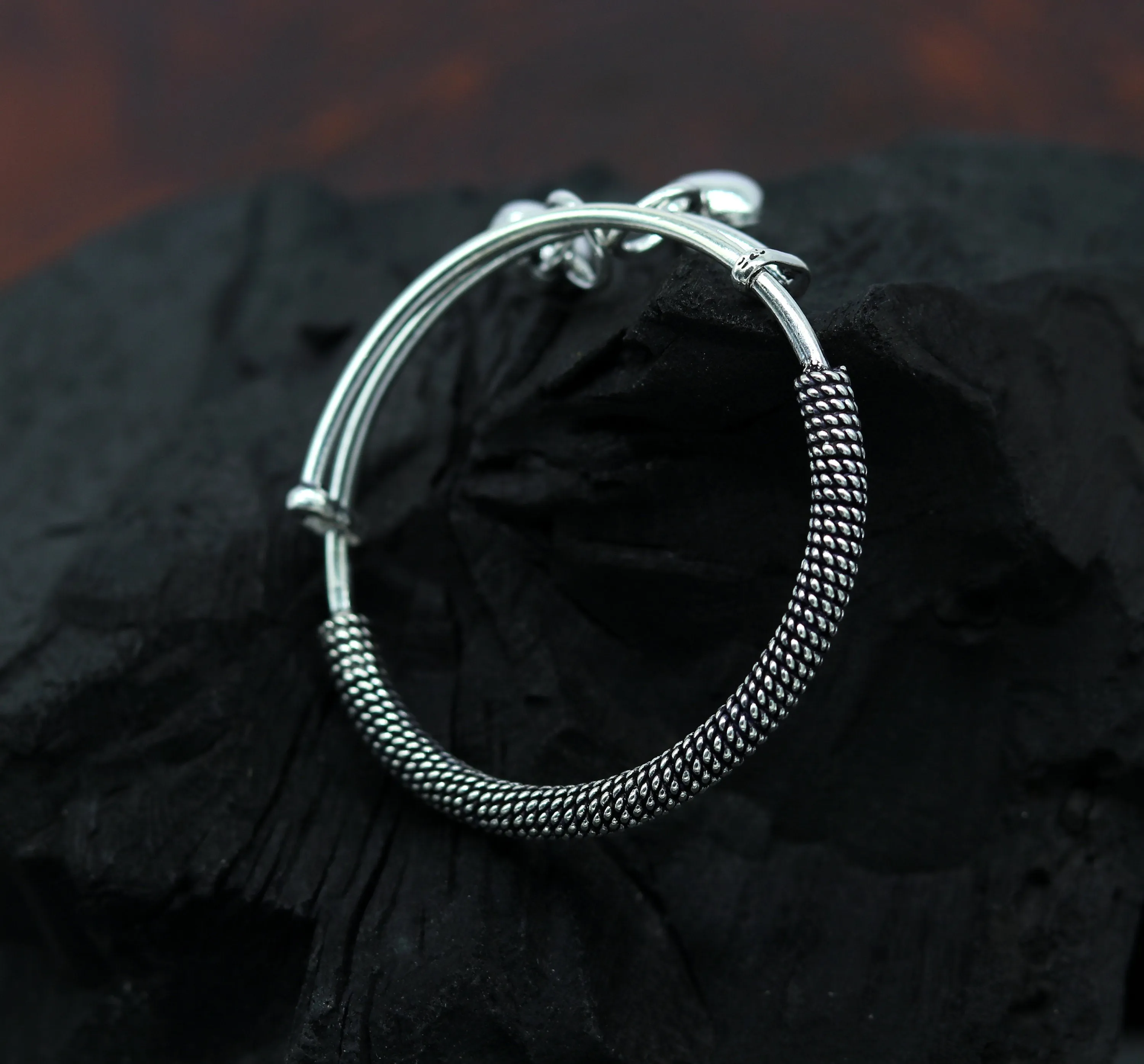 Stylish charm oxidized 925 sterling silver adjustable baby solid bangle bracelet, charm bangle, tribal unisex kids jewelry bbk84