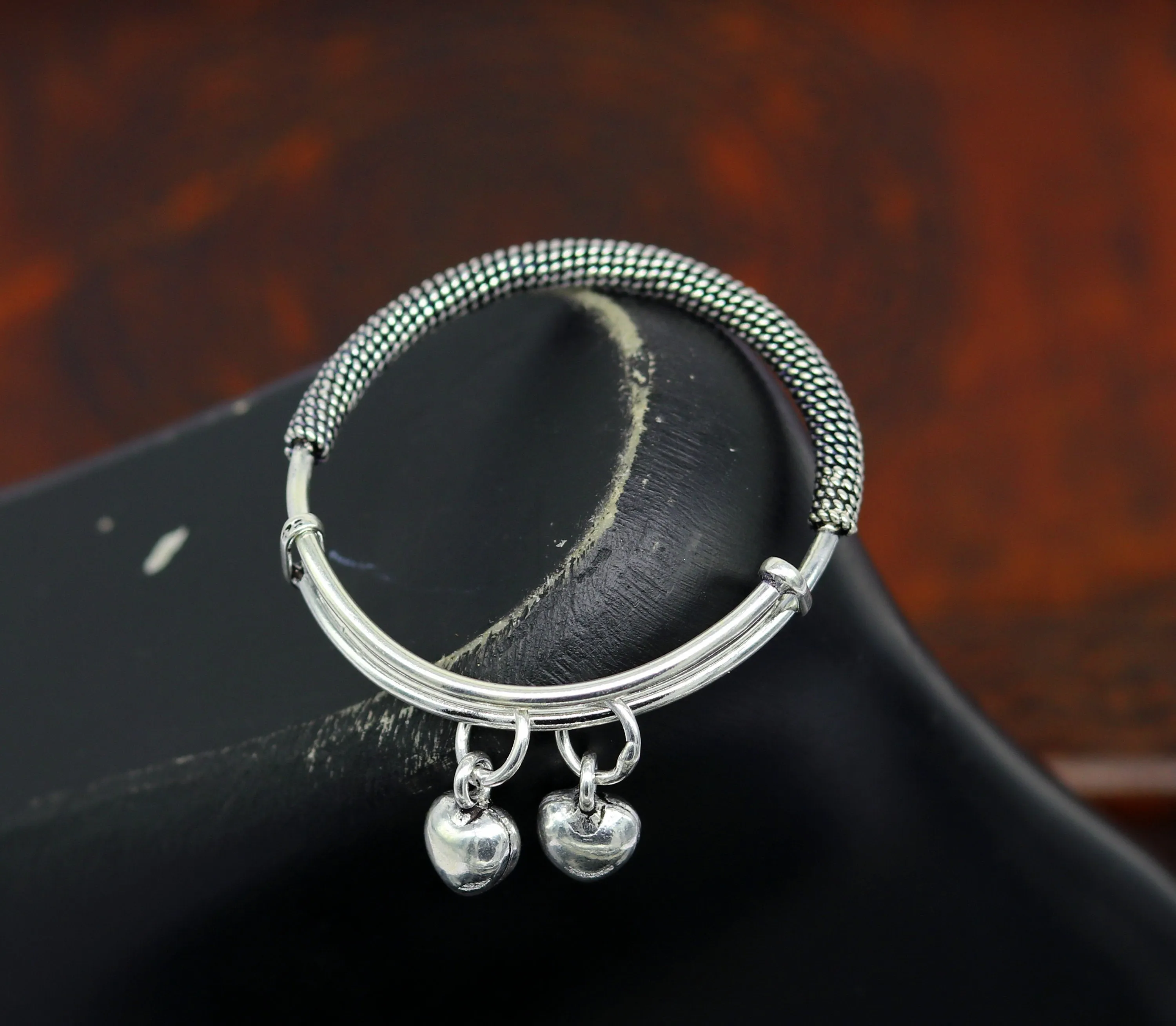 Stylish charm oxidized 925 sterling silver adjustable baby solid bangle bracelet, charm bangle, tribal unisex kids jewelry bbk84