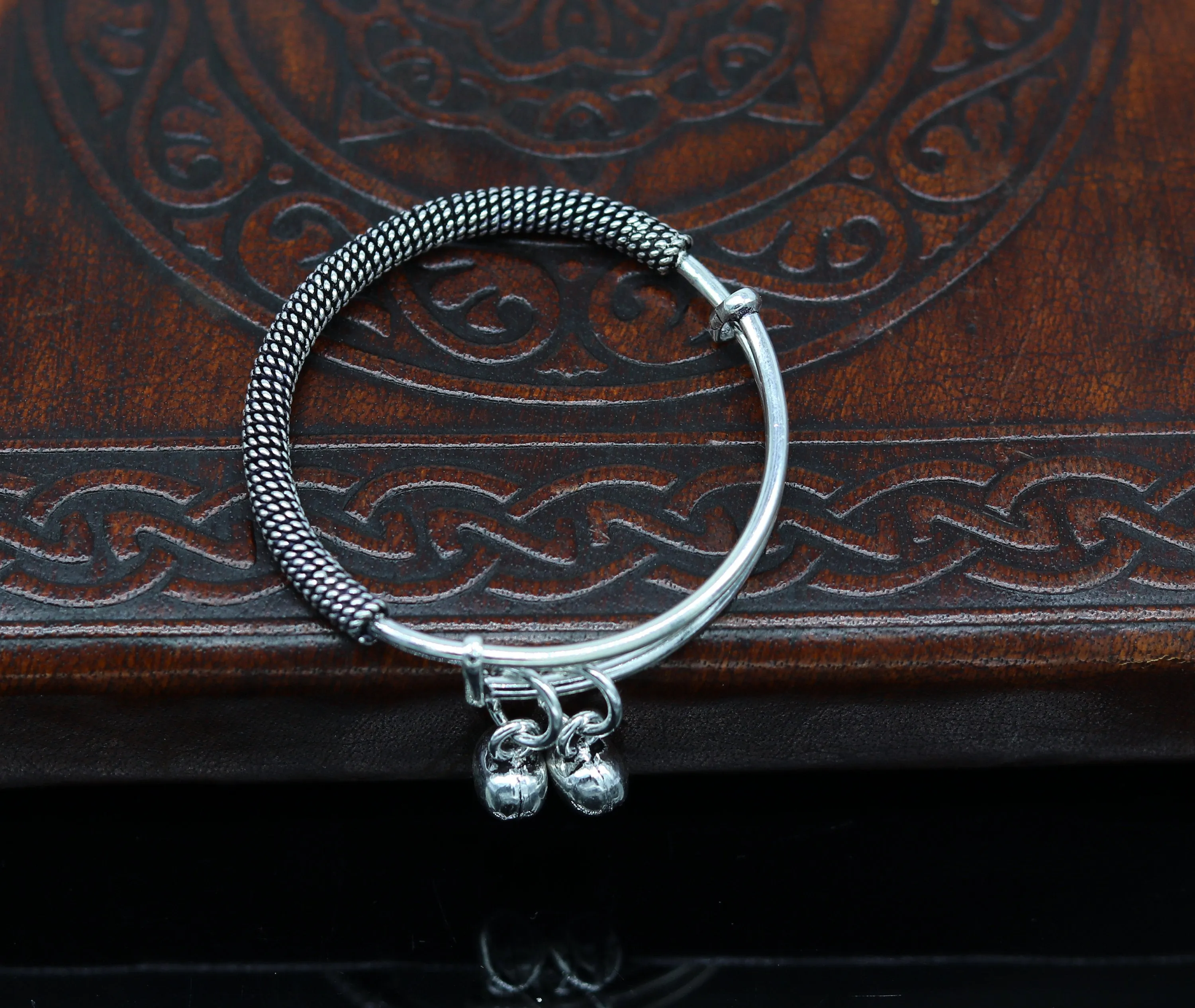 Stylish charm oxidized 925 sterling silver adjustable baby solid bangle bracelet, charm bangle, tribal unisex kids jewelry bbk84