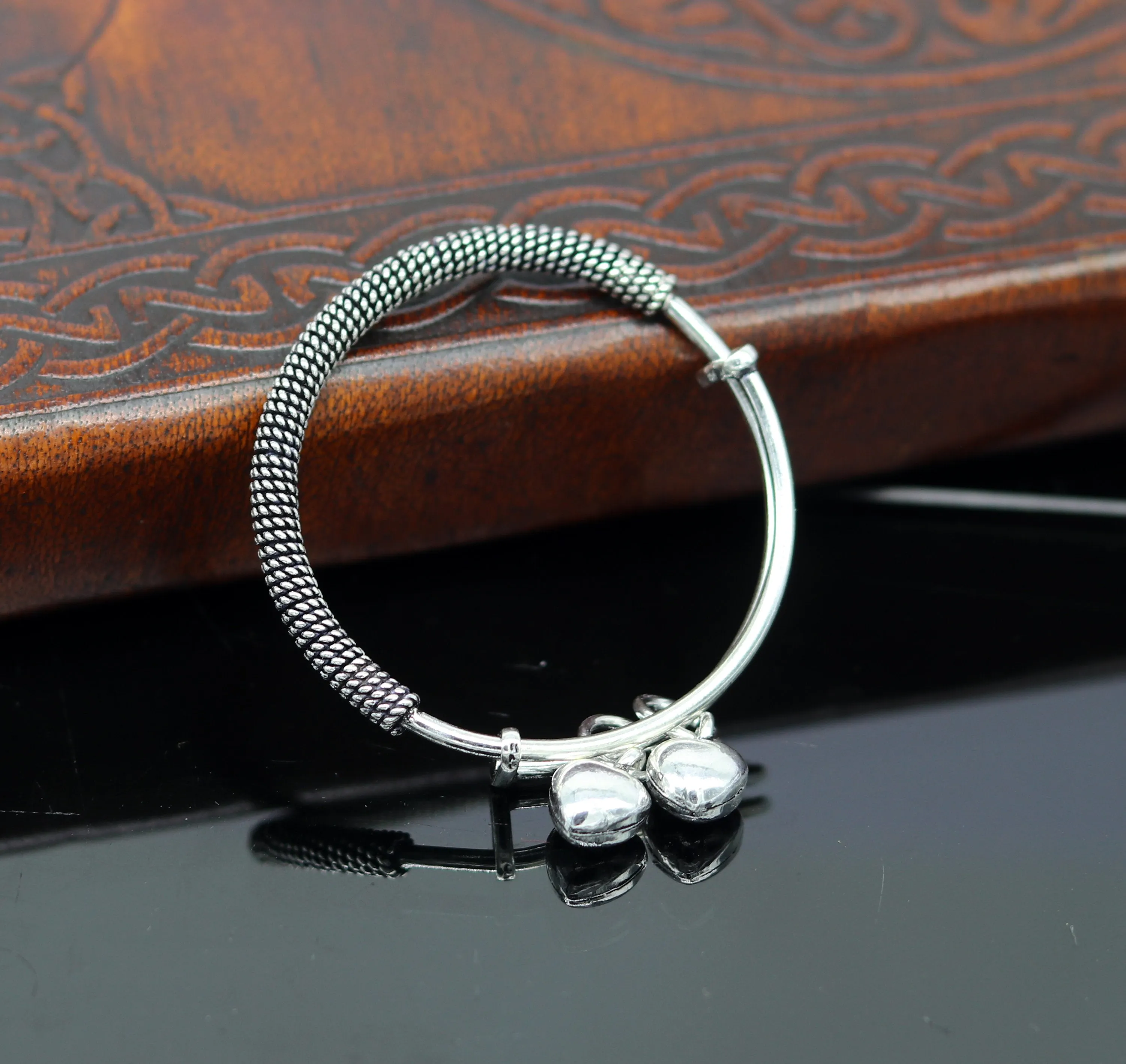 Stylish charm oxidized 925 sterling silver adjustable baby solid bangle bracelet, charm bangle, tribal unisex kids jewelry bbk84