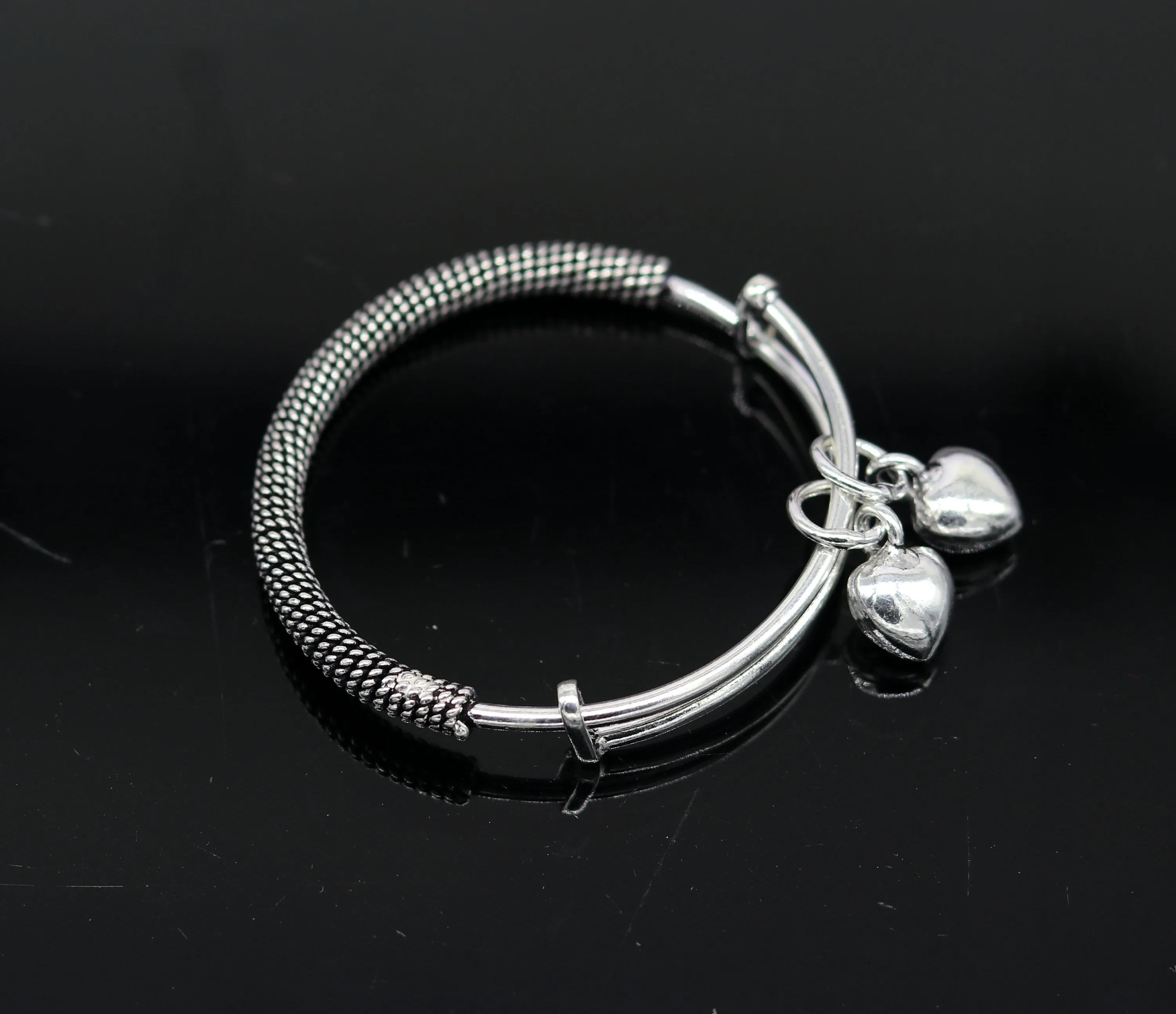 Stylish charm oxidized 925 sterling silver adjustable baby solid bangle bracelet, charm bangle, tribal unisex kids jewelry bbk84