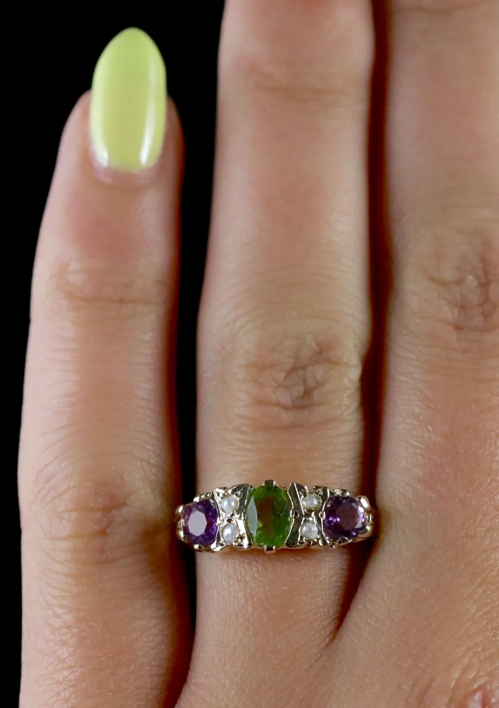 Suffragette 9Ct Gold Ring Peridot Amethyst Pearl