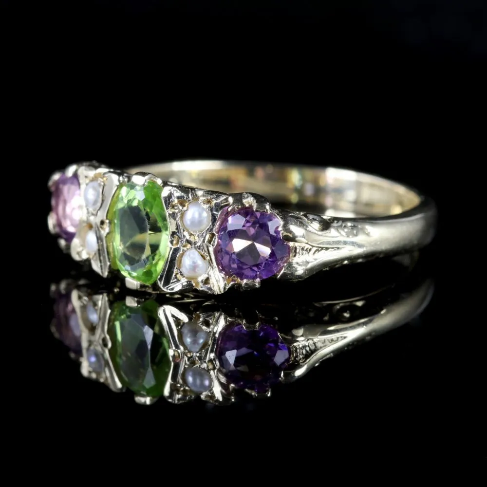 Suffragette 9Ct Gold Ring Peridot Amethyst Pearl