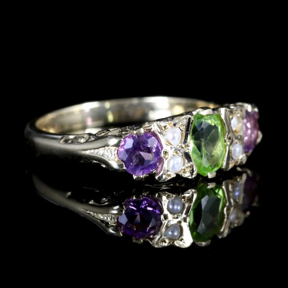 Suffragette 9Ct Gold Ring Peridot Amethyst Pearl