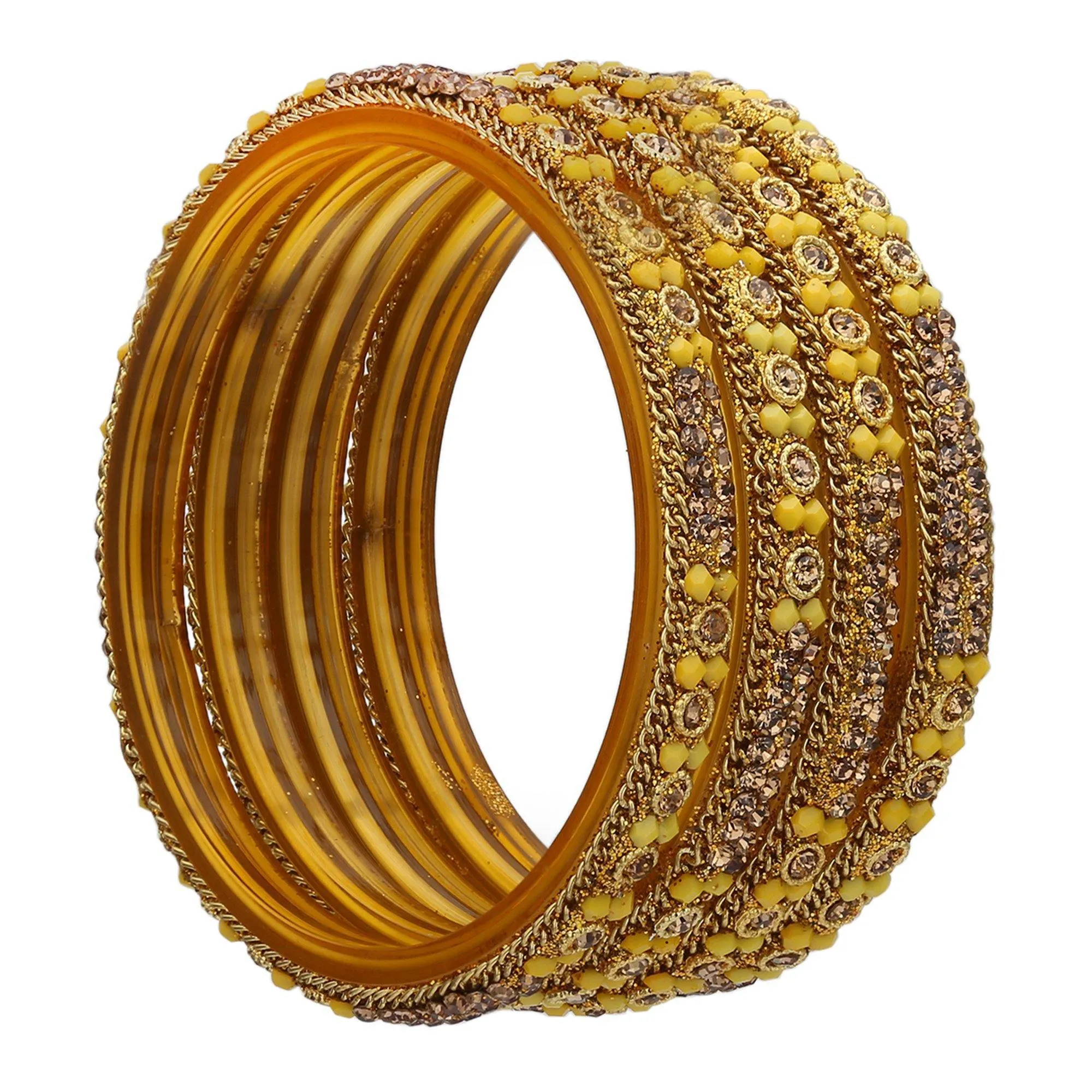 Sukriti Handcrafted Glossy Zircon Crystal Glass Yellow Bangles for Women – Set of 4