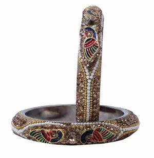 Sukriti Indian Stylish Peacock Embellished Gold Brass Bangles for Women & Girls - Set of 2