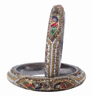 Sukriti Indian Stylish Peacock Embellished Gold-White Brass Bangles for Women & Girls - Set of 2