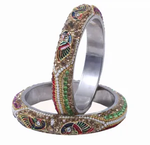 Sukriti Indian Stylish Peacock Embellished Multi-Color Brass Bangles for Women & Girls - Set of 2