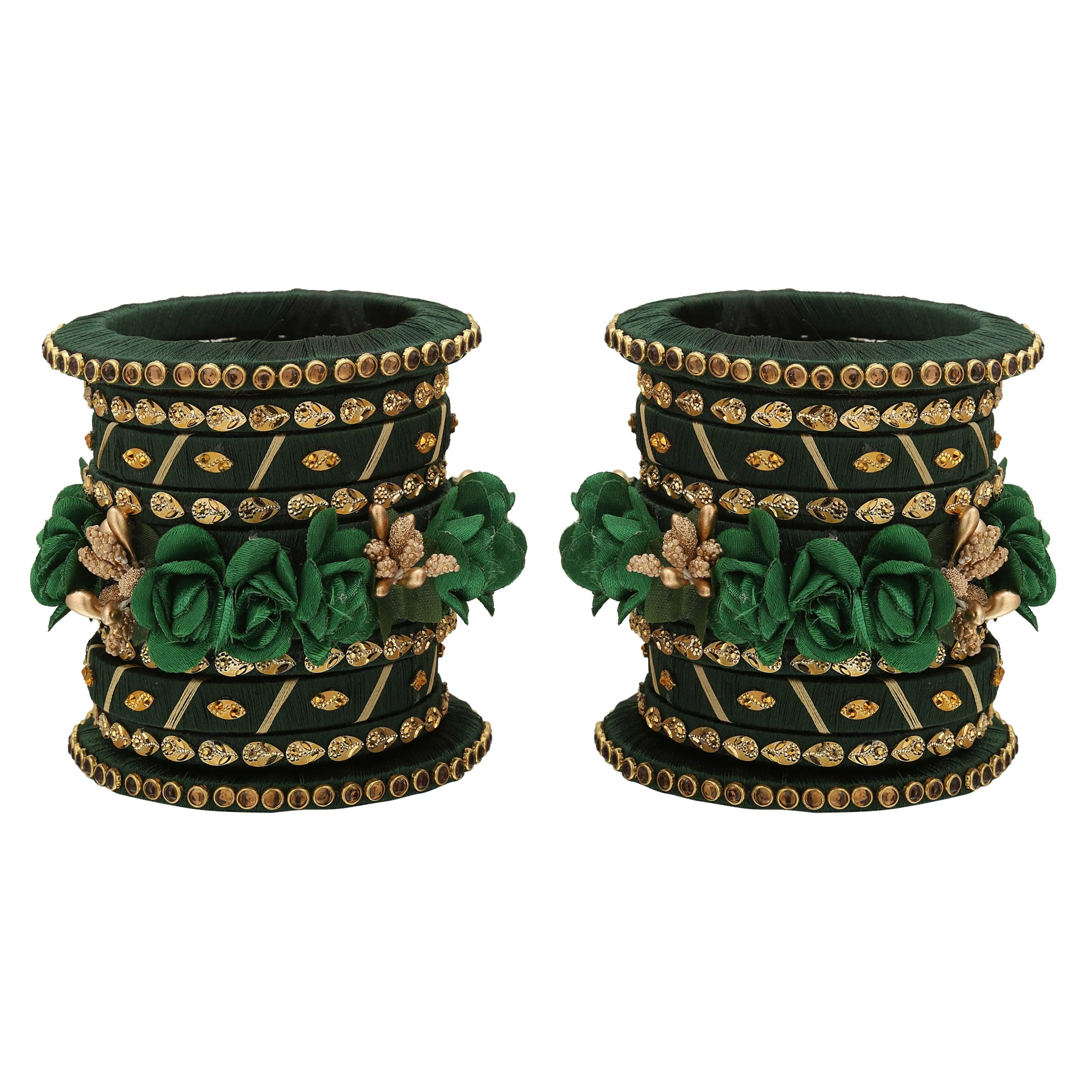 Sukriti Stylish Handmade Bottle-Green Flower Designer Silk thread Plastic Bridal Chuda Wedding Bangles for Women – Set of 18