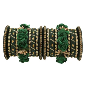 Sukriti Stylish Handmade Bottle-Green Flower Designer Silk thread Plastic Bridal Chuda Wedding Bangles for Women – Set of 18