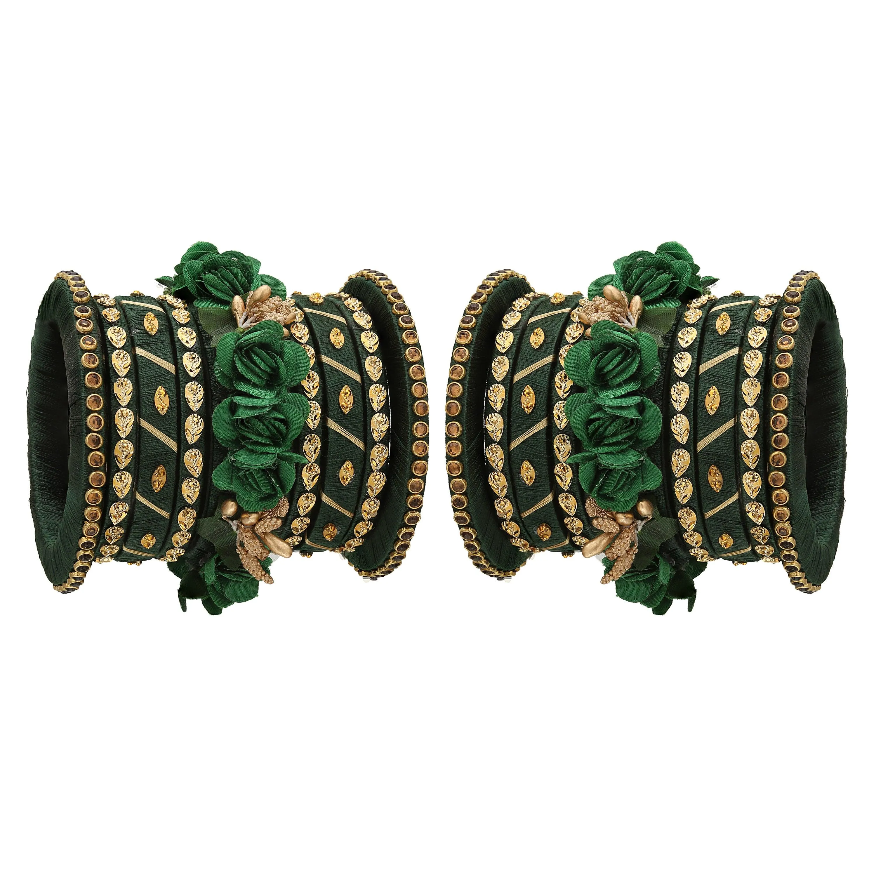Sukriti Stylish Handmade Bottle-Green Flower Designer Silk thread Plastic Bridal Chuda Wedding Bangles for Women – Set of 18