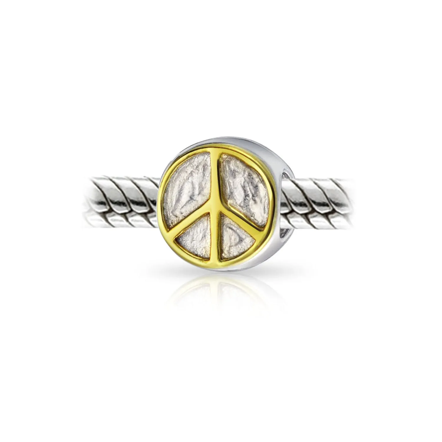 Two Tone World Peace Sign Charm Bead 14K Gold Plated Sterling Silver Bracelet