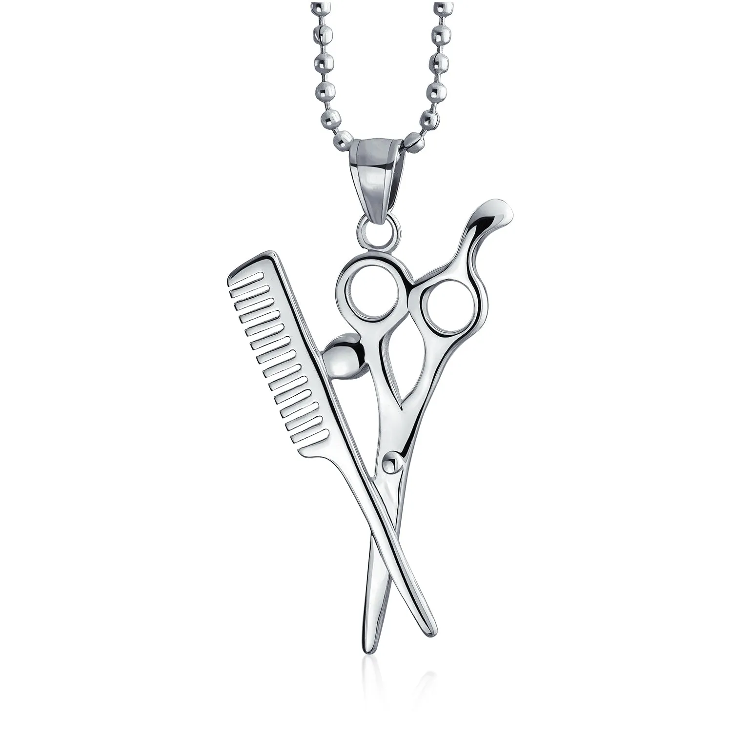 Unisex Whimsical Scissors Comb Pendant Necklace Crystal Accent Silver-Tone Chain