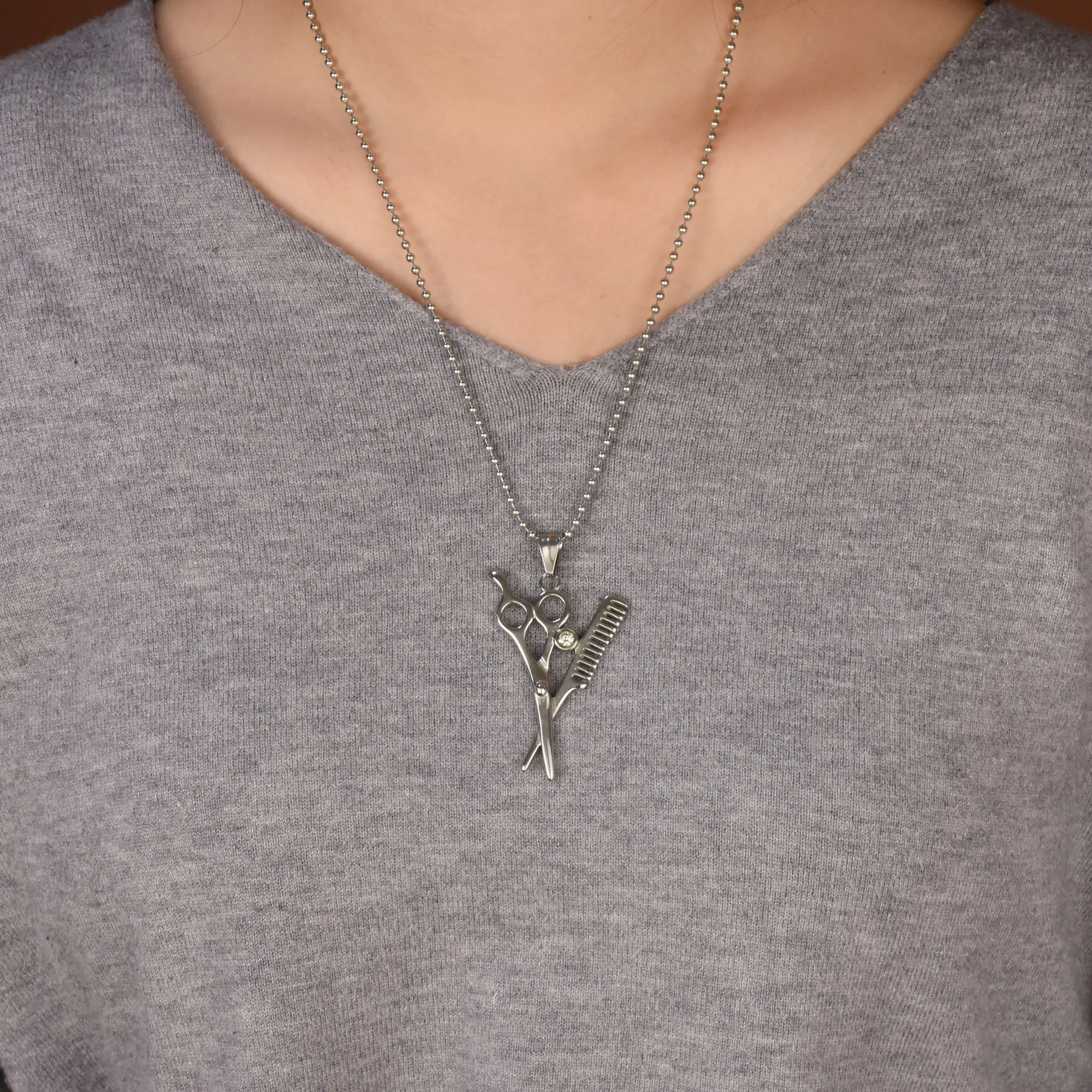 Unisex Whimsical Scissors Comb Pendant Necklace Crystal Accent Silver-Tone Chain