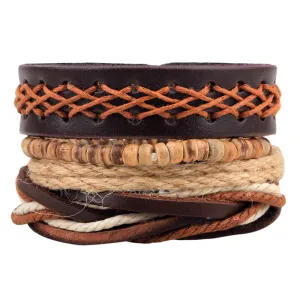 Vintage 4psc/set Multi-layer  Bohemia Trendy Ship Anchor Hand-woven Beaded  Handmade Leather Bracelet