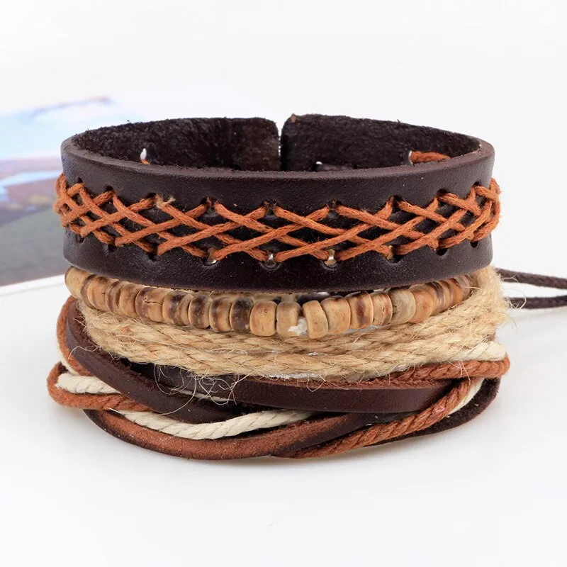 Vintage 4psc/set Multi-layer  Bohemia Trendy Ship Anchor Hand-woven Beaded  Handmade Leather Bracelet