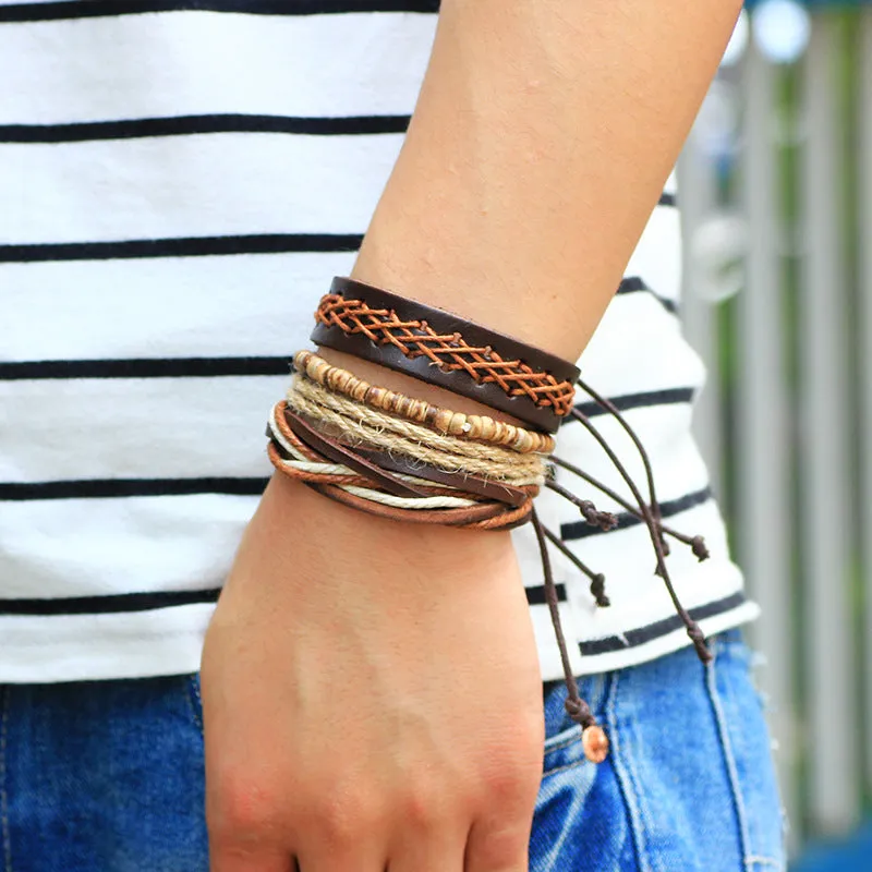 Vintage 4psc/set Multi-layer  Bohemia Trendy Ship Anchor Hand-woven Beaded  Handmade Leather Bracelet