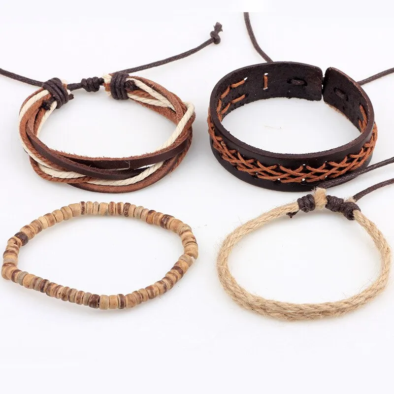 Vintage 4psc/set Multi-layer  Bohemia Trendy Ship Anchor Hand-woven Beaded  Handmade Leather Bracelet