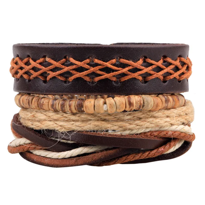 Vintage 4psc/set Multi-layer  Bohemia Trendy Ship Anchor Hand-woven Beaded  Handmade Leather Bracelet