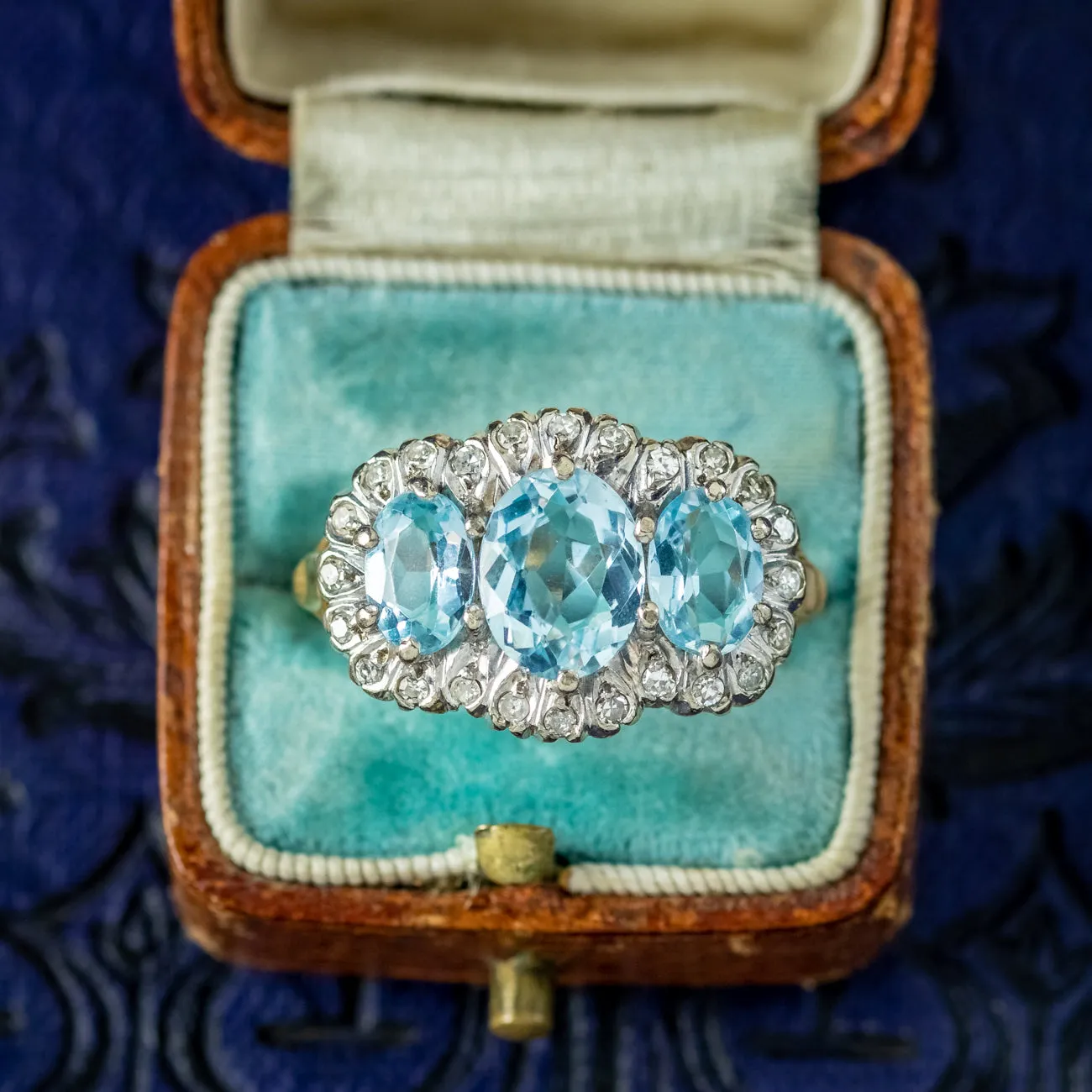 Vintage Aquamarine Diamond Trilogy Ring 3.50ct Of Aqua