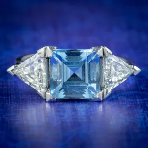 Vintage Aquamarine Diamond Trilogy Ring 3ct Aqua