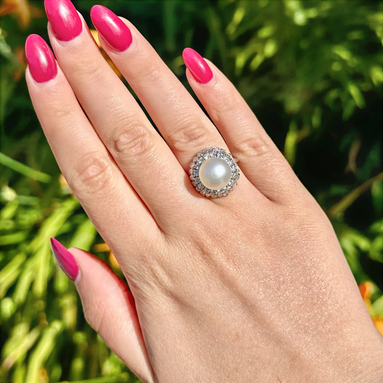 Vintage Pearl Diamond Boule Cocktail Ring 3ct Diamond