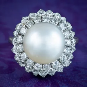 Vintage Pearl Diamond Boule Cocktail Ring 3ct Diamond