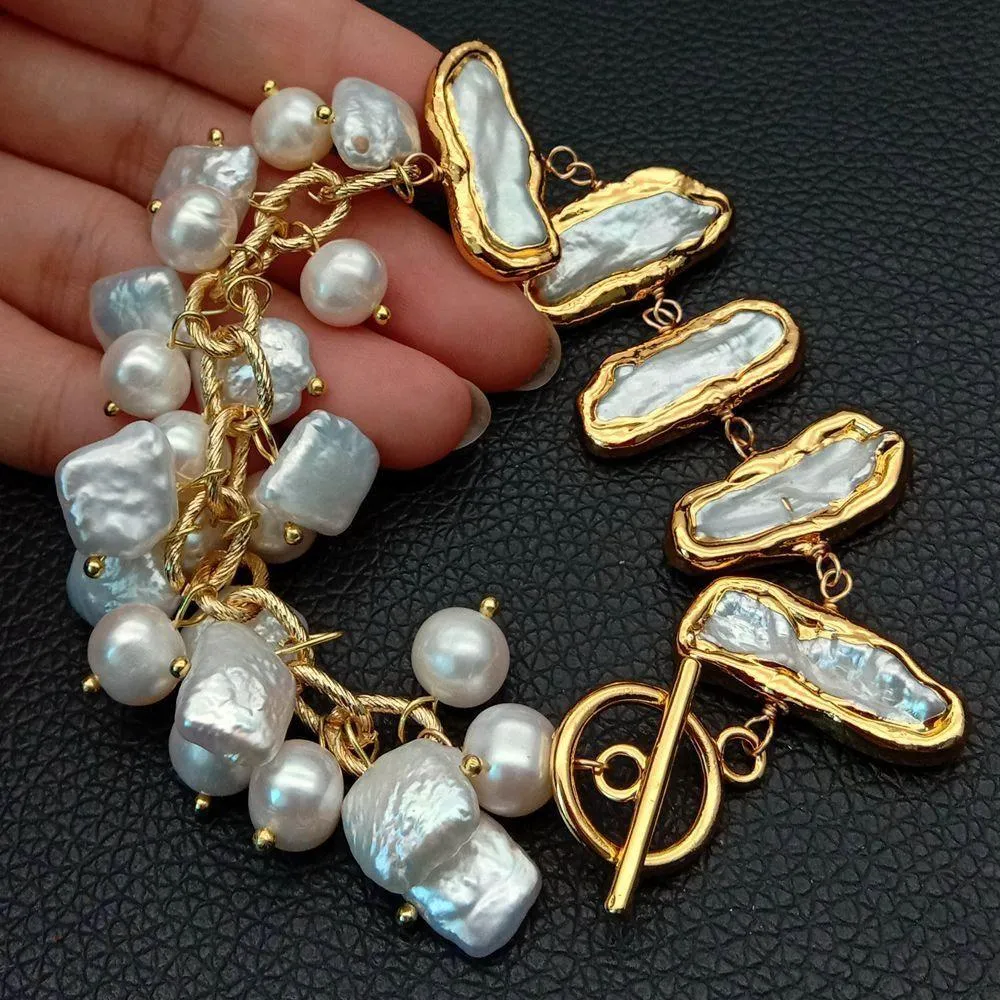 Women's Natural Top-Drilled Square Round Biwa Freshwater Pearls 8" Bracelet Gold Plated Chain Wrap Bracelet