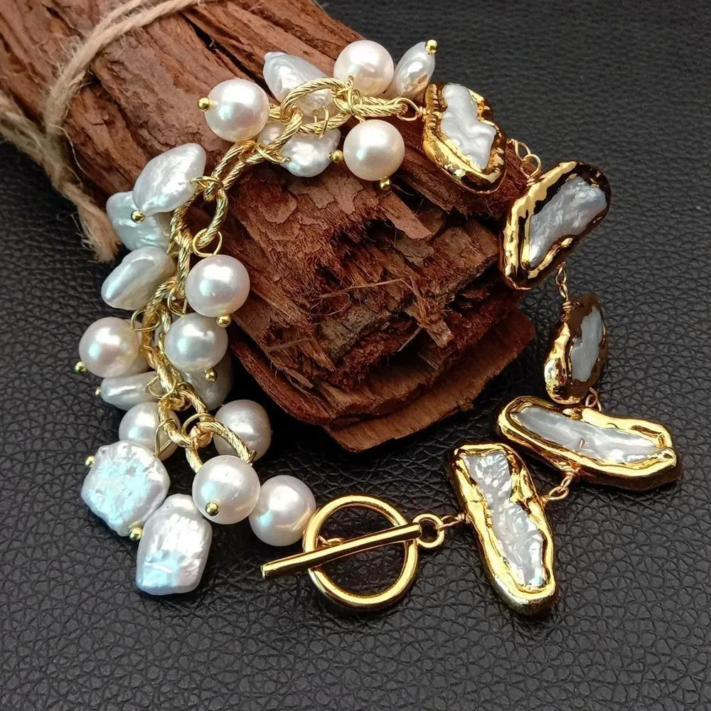 Women's Natural Top-Drilled Square Round Biwa Freshwater Pearls 8" Bracelet Gold Plated Chain Wrap Bracelet