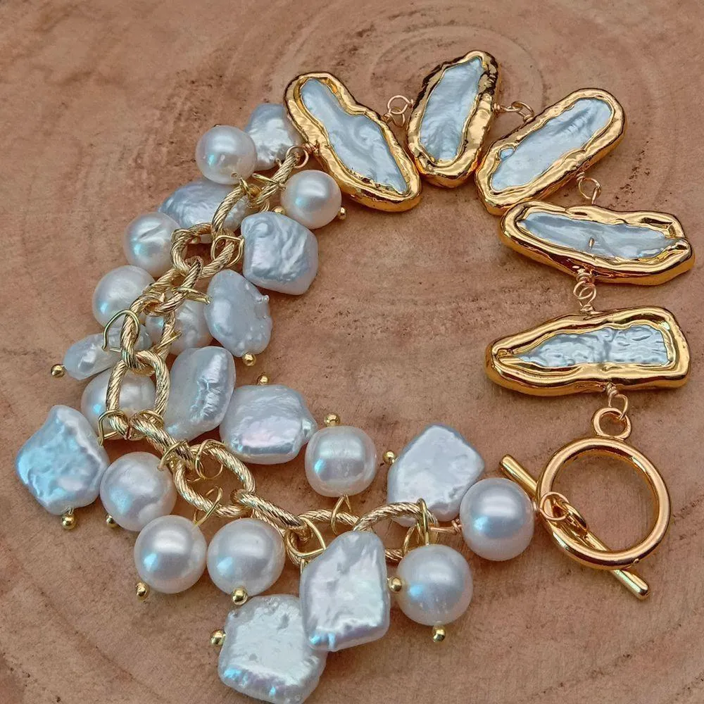 Women's Natural Top-Drilled Square Round Biwa Freshwater Pearls 8" Bracelet Gold Plated Chain Wrap Bracelet