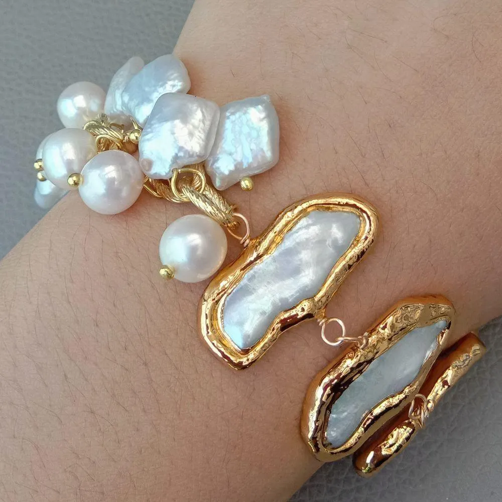 Women's Natural Top-Drilled Square Round Biwa Freshwater Pearls 8" Bracelet Gold Plated Chain Wrap Bracelet