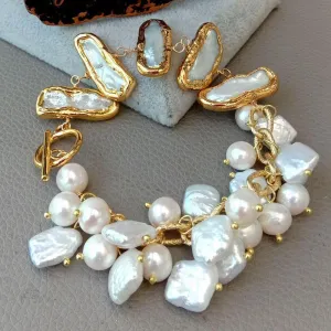 Women's Natural Top-Drilled Square Round Biwa Freshwater Pearls 8" Bracelet Gold Plated Chain Wrap Bracelet