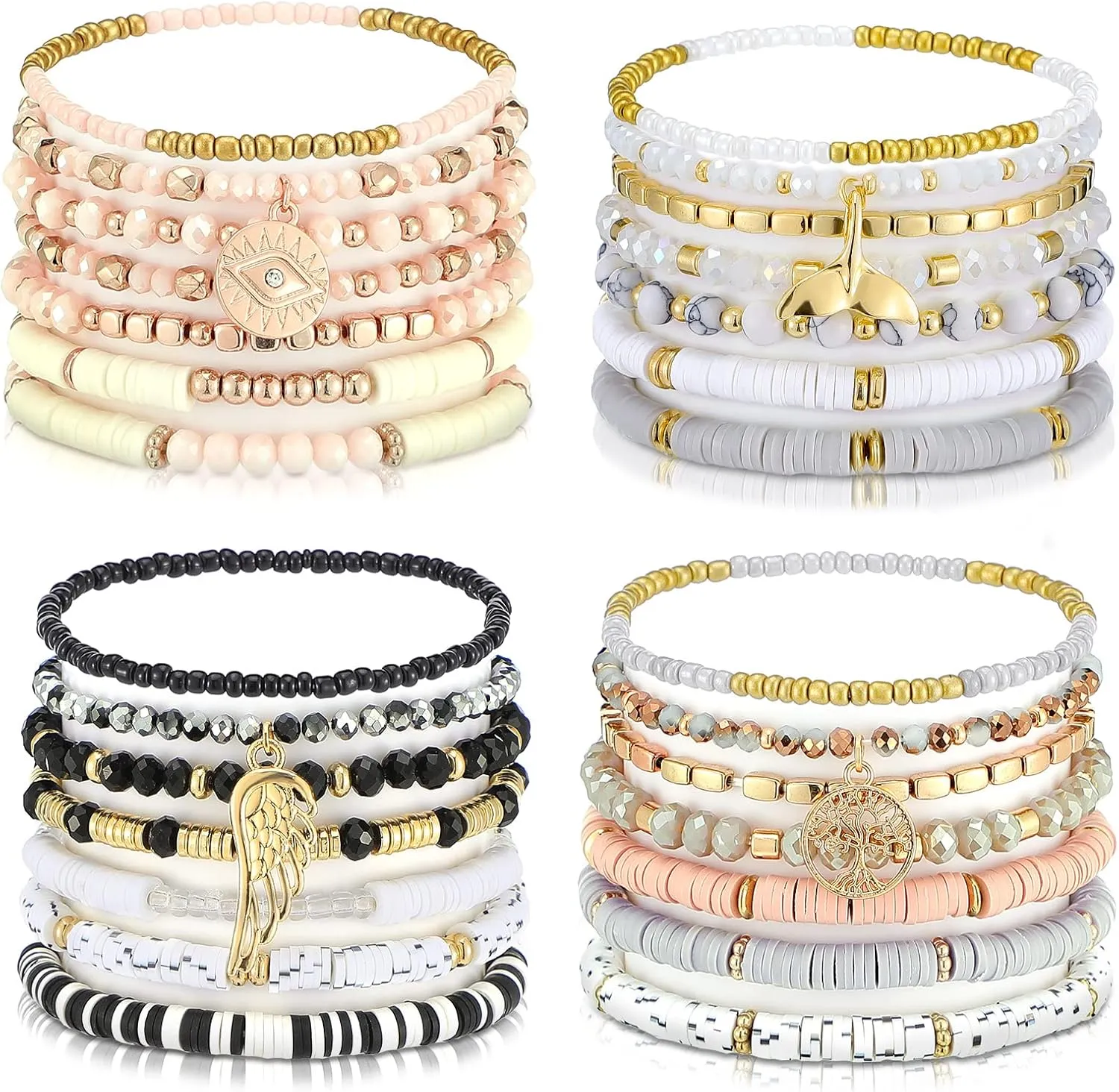 Yaomiao 28 Pcs 4 Set Bohemian Bracelets for Women Summer Beach Stackable Heishi Surfer Bracelet Set Elastic Gold Beaded Boho Friendship Bracelets for Summer Party Holiday Vacation Jewelry Gift