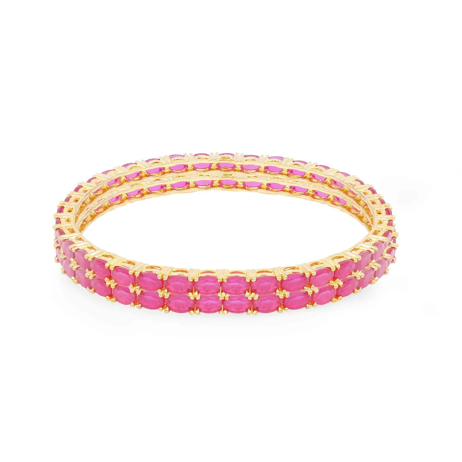 Yellow Chimes Classic Pink AD/American Diamond Studded 18k Gold Plated Designer Oval 2 PCs Handcrafted Bangles Set for Women & Girls (2.6)
