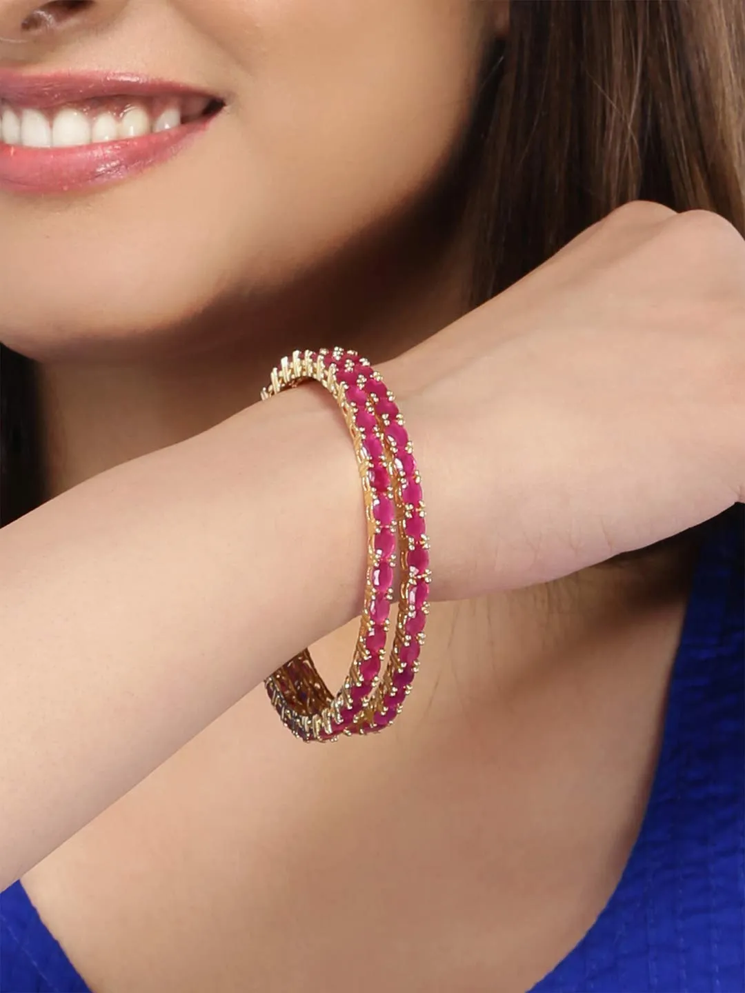 Yellow Chimes Classic Pink AD/American Diamond Studded 18k Gold Plated Designer Oval 2 PCs Handcrafted Bangles Set for Women & Girls (2.6)